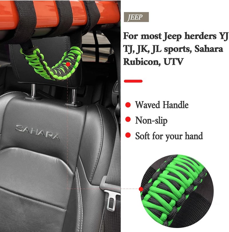 Kujunpao 4 X Roll Bar Grab Handles Grip Handle Compatible with Jeep Wrangler JLU JK JKU TJ YJ LJ JT JL & Gladiator JT 1987-2021 UTV & ATV, Fits 1.5 to 3 Inch Bars 3 Straps Woven Holder(Green - Image 2
